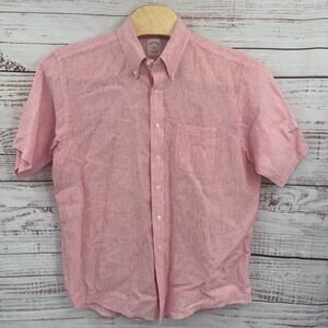 Brooks Brothers 346 Shirt Mens Large Pink Striped Linen Button Down Short Sleeve